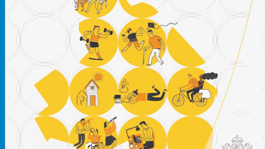 De voorkant van de Sociale Agenda. Rechtsbovenin het logo van de Provincie Drenthe. Daaronder de tekst "Sociale Agenda 2020-2023". Daaronder de slogan "levendig en sociaal". Onderaan de foto een collage van gele bubbels, met daarin illustraties van mensen die lezen, sporten, muziek maken, et cetera.