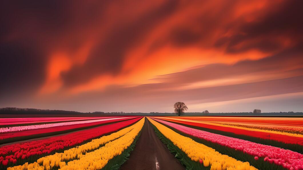 Photorealistic image of a colorful tulip field in Drenthe, Netherlands, with caution signs and hazmat symbols indicating the toxicity of the bloembollen