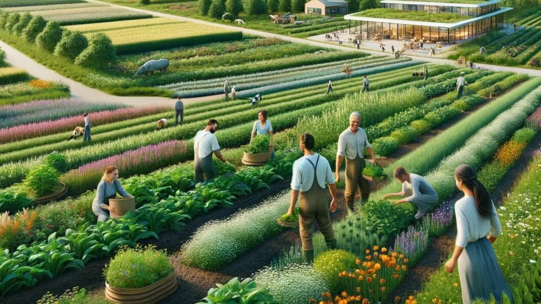 A photorealistic image depicting optimistic and nature-inclusive agriculture in Drenthe, Netherlands. The scene shows lush, green fields