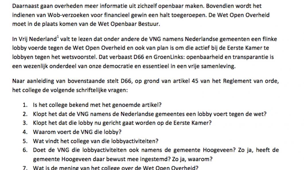 Schriftelijke vragen GroenLinks en D66 Hoogeveen Wet Open Overheid Schriftelijke vragen GroenLinks en D66 Hoogeveen Wet Open Overheid