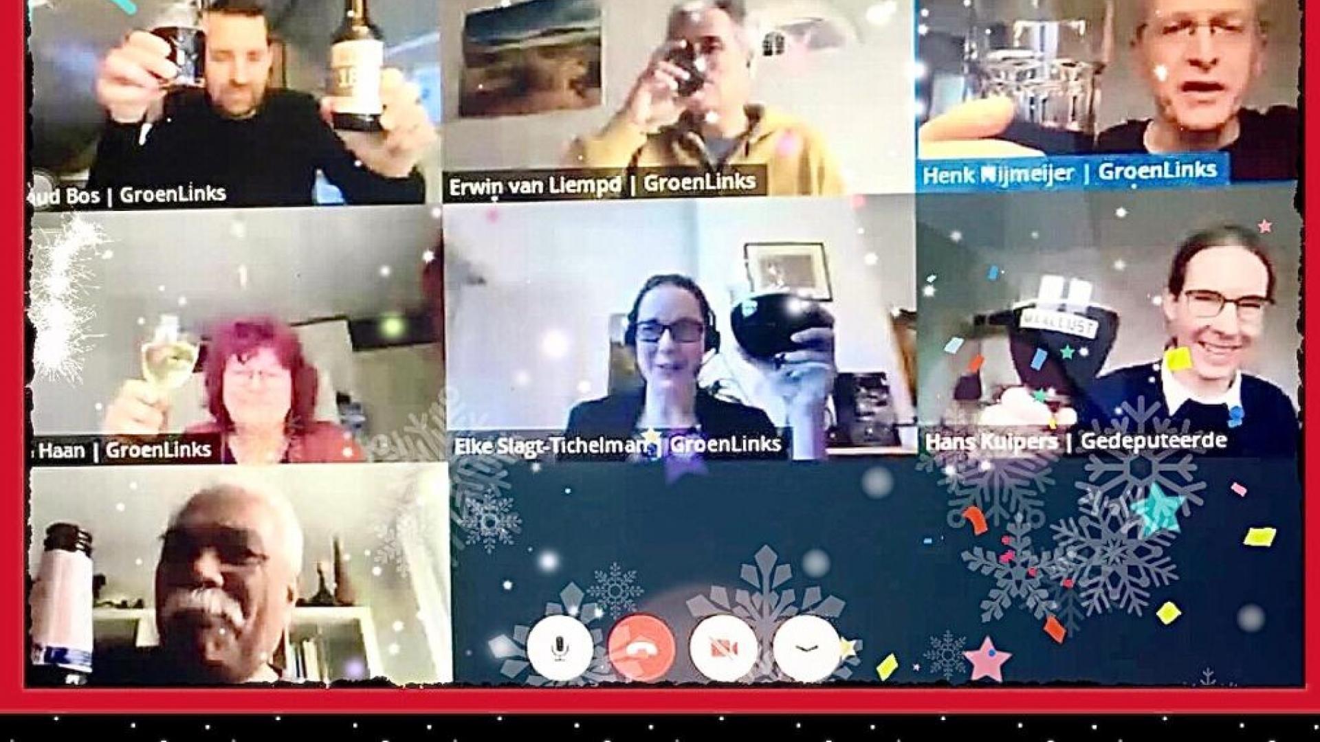 Foto van alle Drentse GroenLinks-Statenleden in een Zoom-call, met het glas geheven.