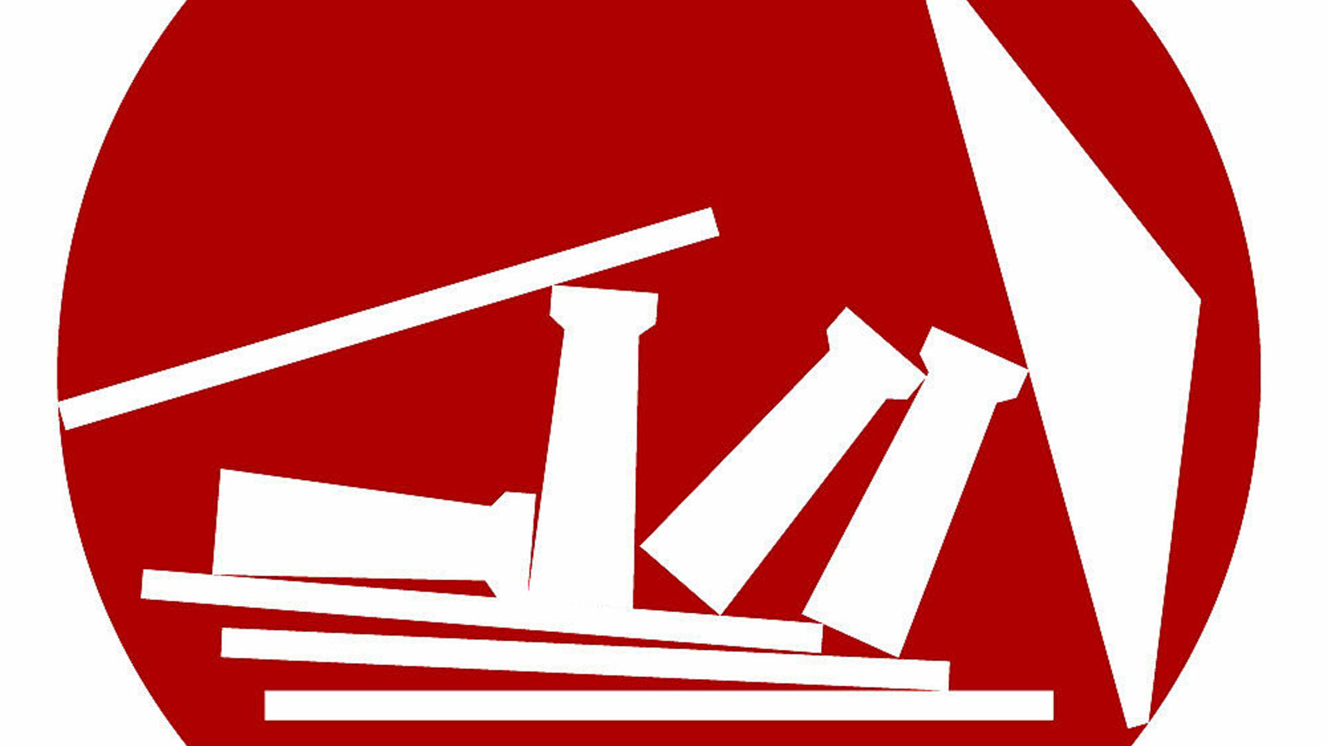 Afbeelding van een parodie op het Forum voor Democratie-logo, bestaande uit een ingestorte versie van de tempel uit het logo.