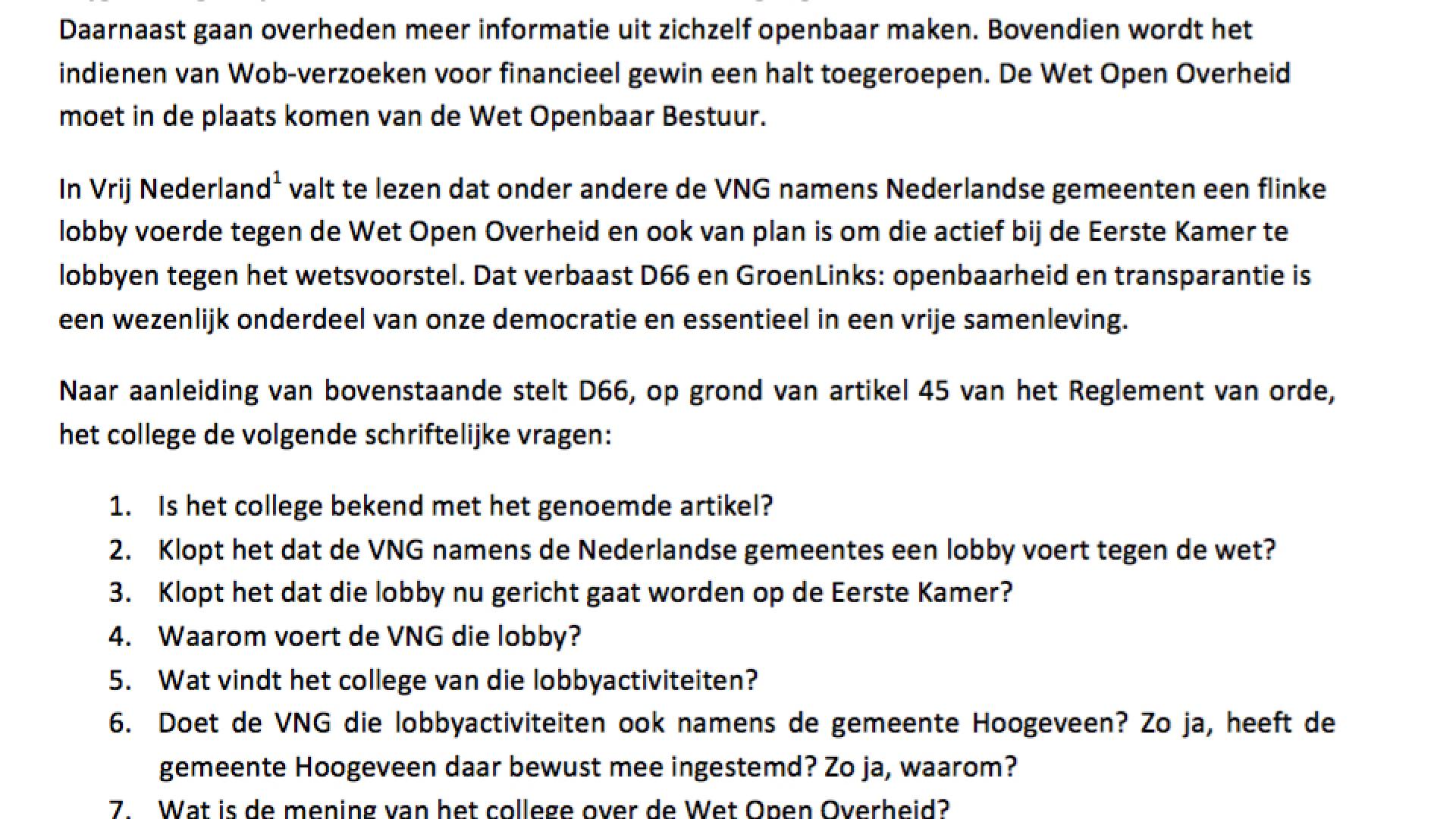 Schriftelijke vragen GroenLinks en D66 Hoogeveen Wet Open Overheid